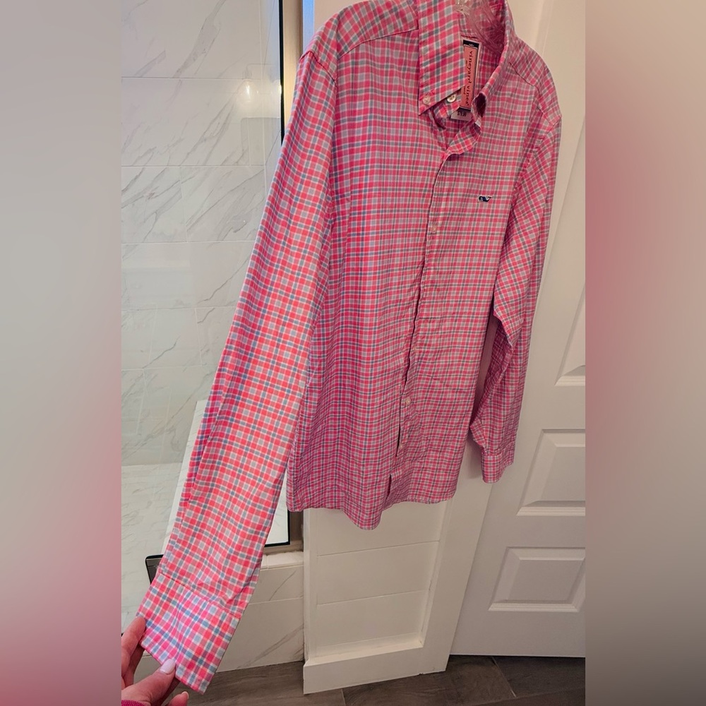 NWT VINEYARD VINES Men's Pink Blue Checkered Performance Shirt, size S - Picture 4 of 7